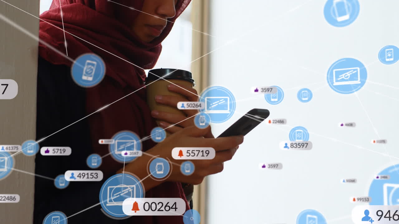 Animation of network of connections with media icons over biracial woman using smartphone