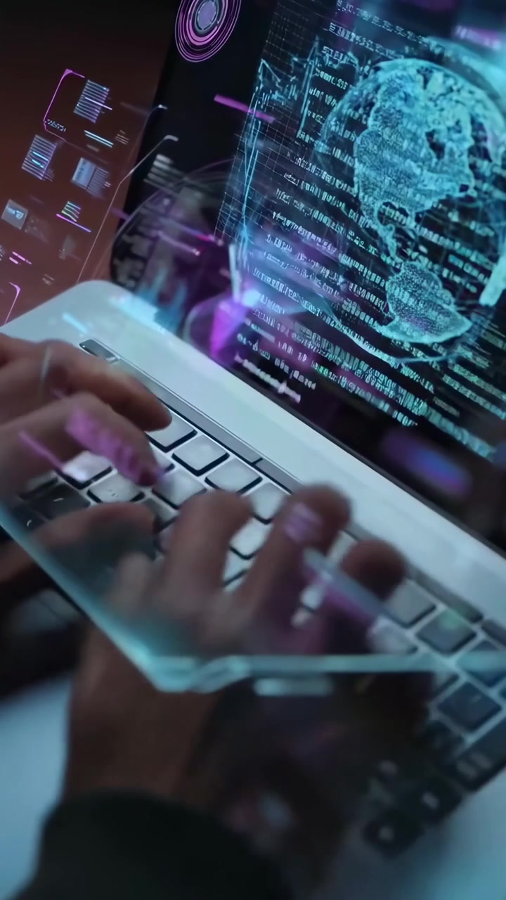 Hands Typing on Laptop with Futuristic Digital Interface and Global Data
