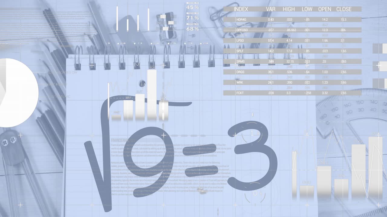Animazione di elaborazione dati su un'equazione matematica e oggetti scolastici.