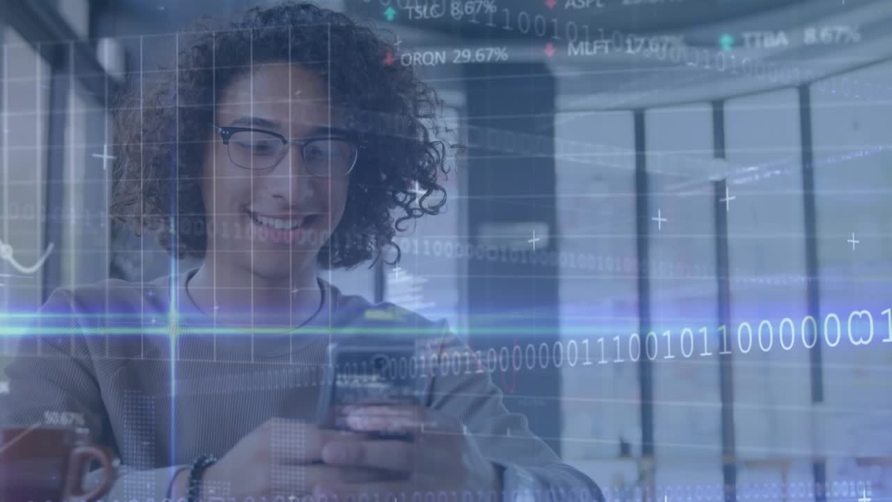 Animation of financial data processing over men using smartphone