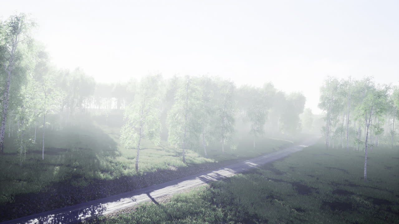 Misty pathway winding through a serene forest in early morning light