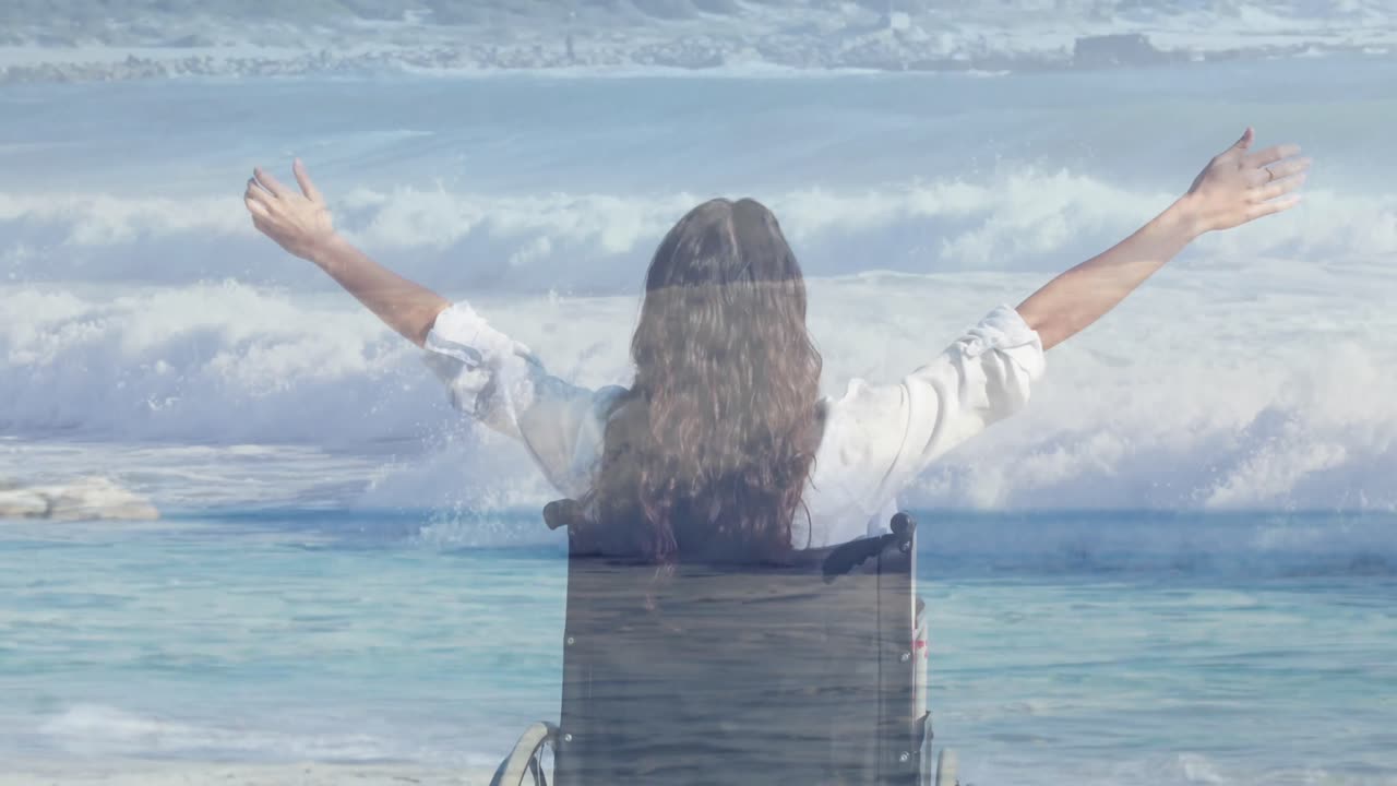 車椅子に座っている障害のある双人女性の上に海の風景のアニメーション