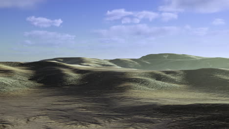 vast desert landscape under a clear blue sky with gentle hills and soft clouds