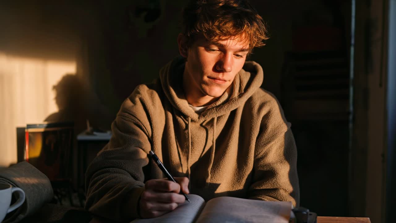 Concentrating on his studies, a male student writes notes in a notebook while sitting at his desk, basking in the warm afternoon sunlight filtering through the window