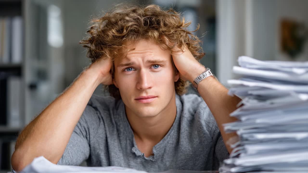 A Young Man with Curly Hair Exhibits Stress and Frustration Surrounded by Paperwork, Reflecting the Challenges of Overwhelm in Modern Life