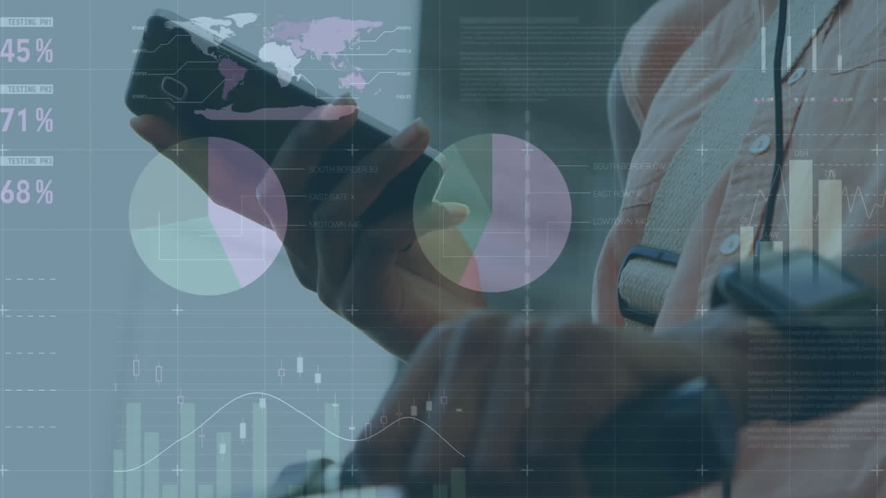 animación del procesamiento de datos financieros sobre un hombre afroamericano que usa un teléfono inteligente