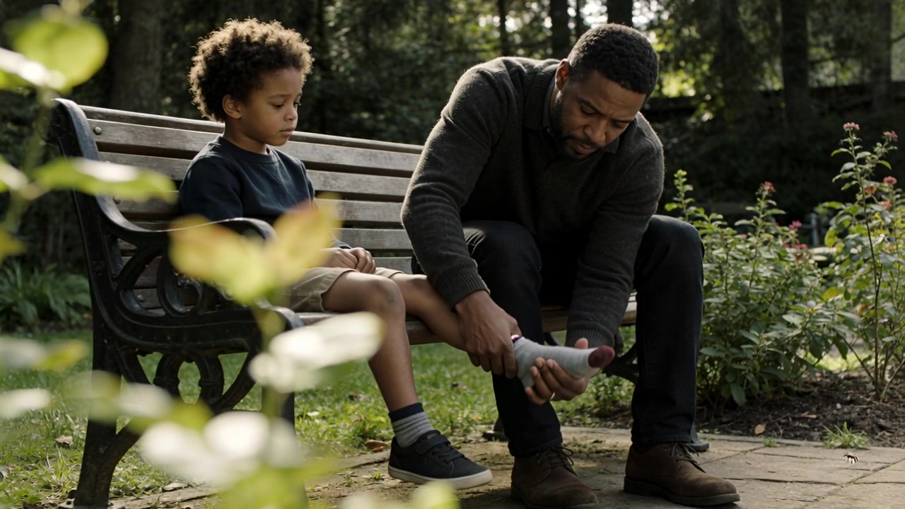 Leaning forward adult male adjusting child's sock and checking toes on park bench, in brown boots