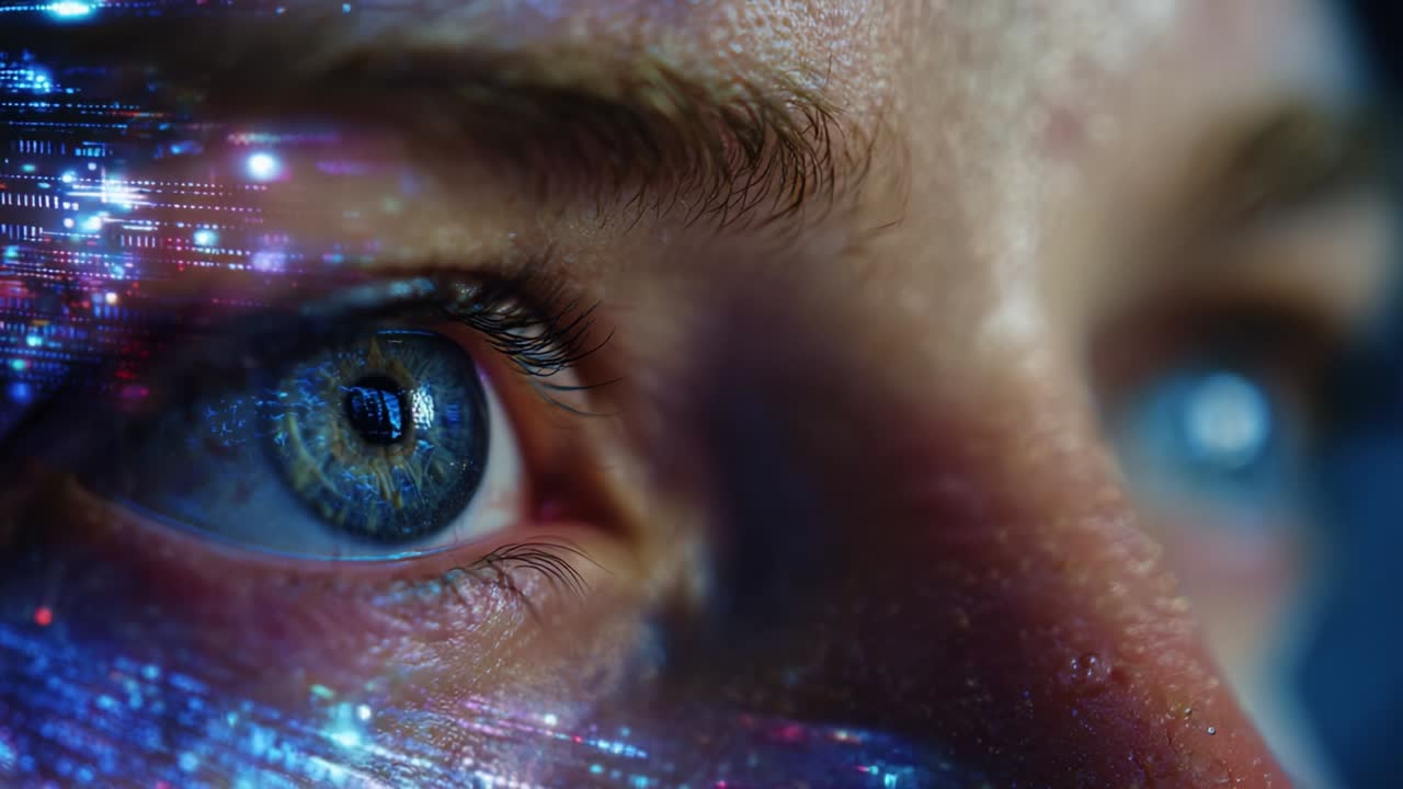 A Deep Exploration of Human Perception: The Intricate Details of Eyes Enhanced with Digital Patterns and Light, Symbolizing the Intersection of Technology and Humanity in Modern Life