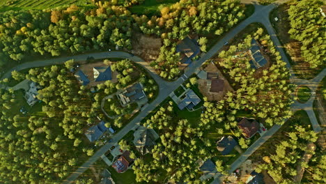 aerial drone bird's eye view over beautiful town houses surrounded by dense vegetation during evening time