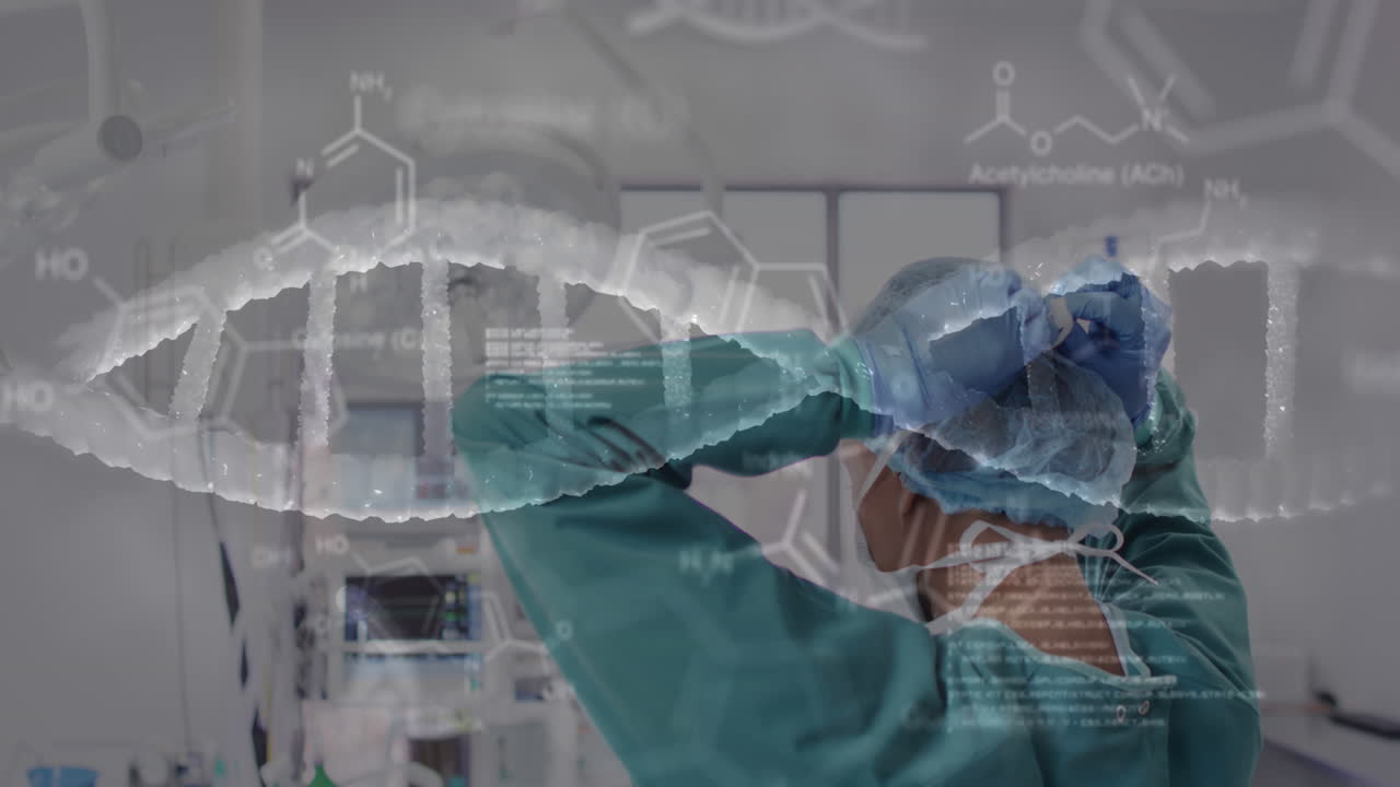 얼굴 마스크를 착용하는 두 인종의 여성 외과의사에 대한 dna  ⁇ 과 의료 데이터의 애니메이션