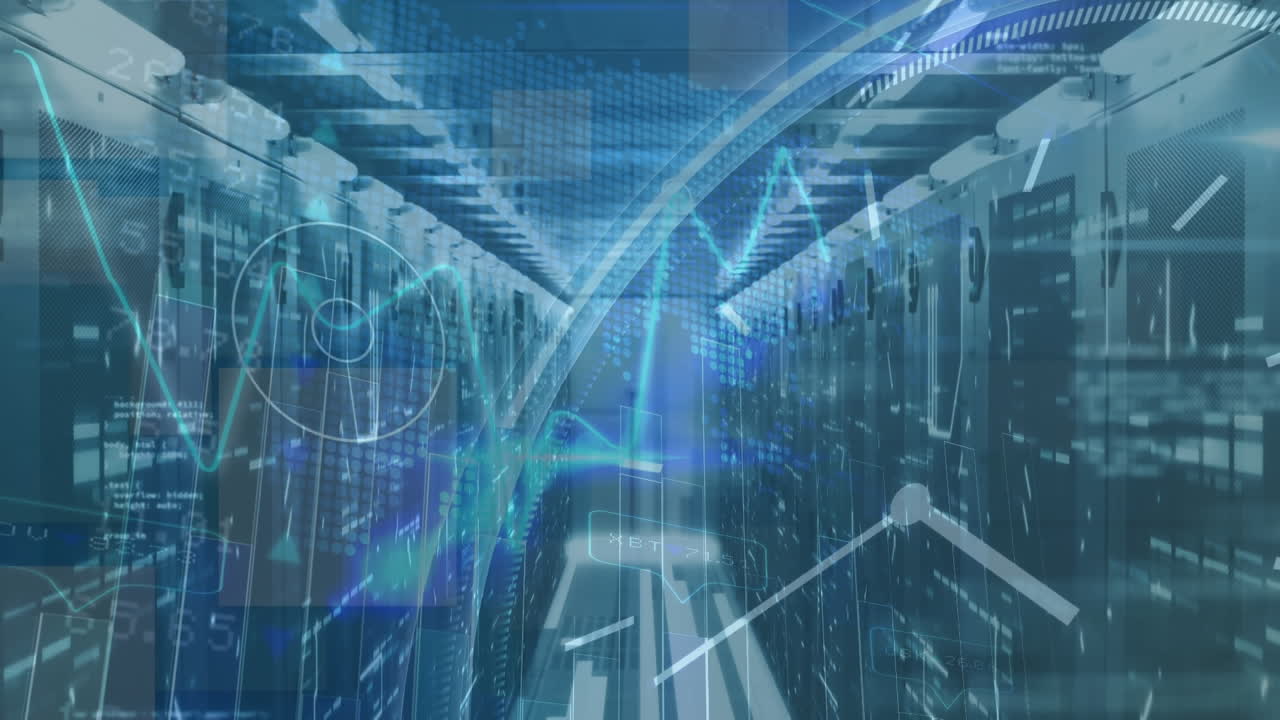 Animation of data processing with clock over server room