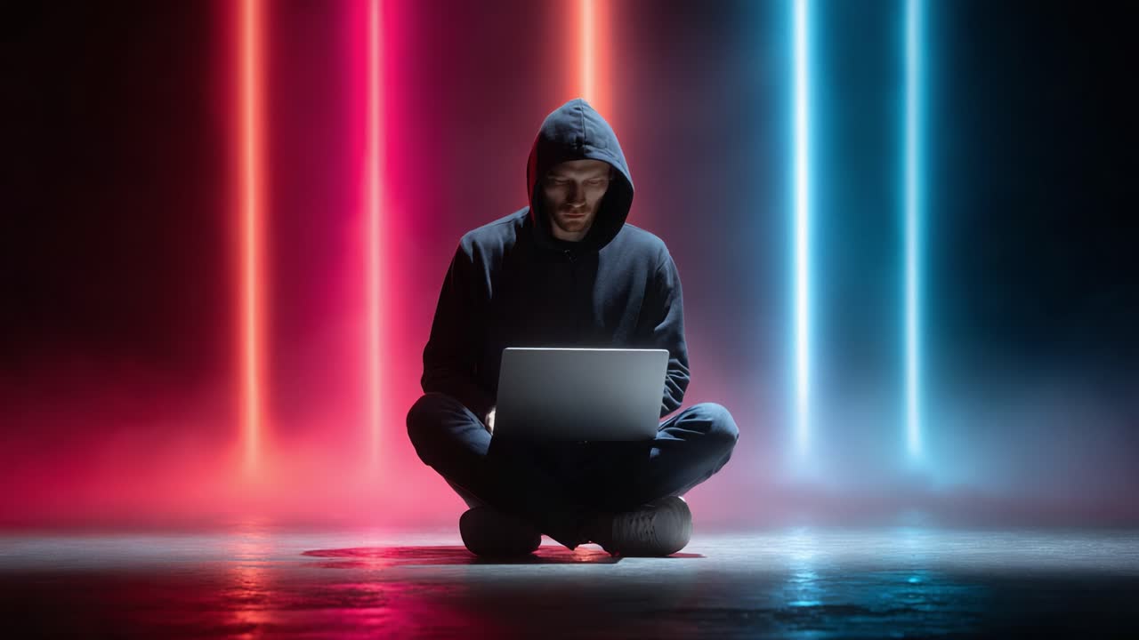 A solitary figure clad in a dark hoodie, intently engaged with a laptop, illuminated by vibrant red and blue lights that create a dramatic atmosphere