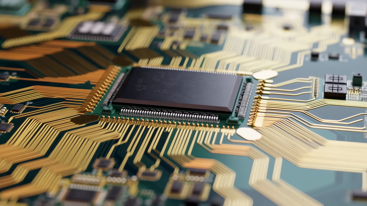 Closeup Microchip On Printed Circuit Board, Golden Traces And Solder Joints, Shallow Depth Of Field, Soft