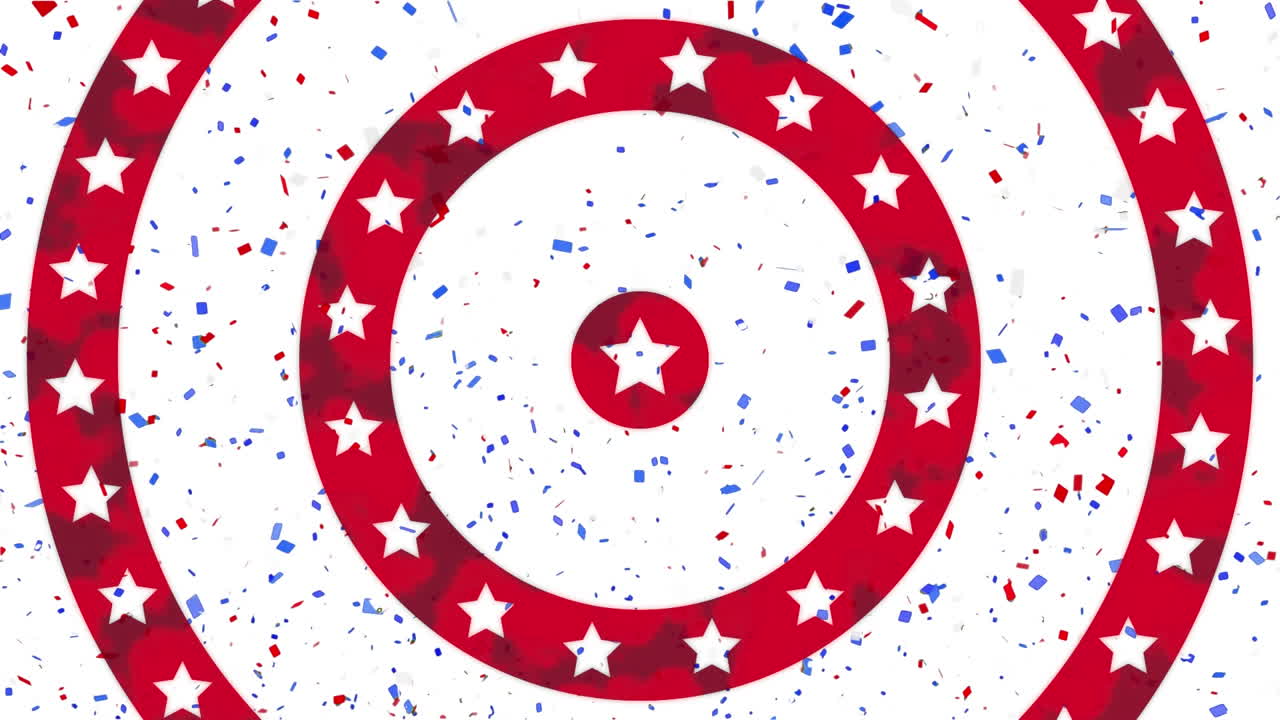 Animation of circles spinning with American flag  stars and stripes with confetti falling