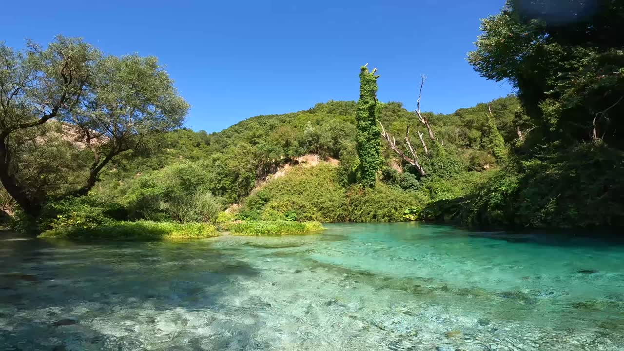 Paesaggio fluviale pittoresco con acqua cristallina e vegetazione rigogliosa