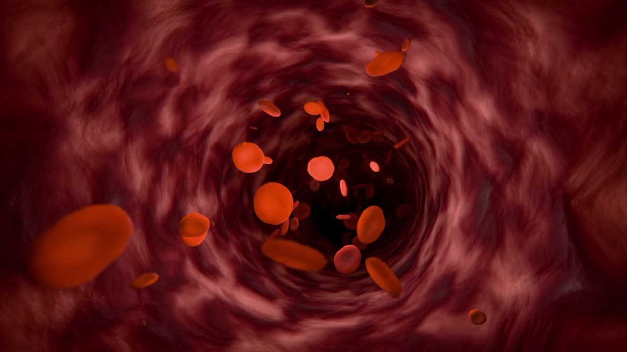 oxygen-rich Red blood cells flow inside arteries 3D CGI animation