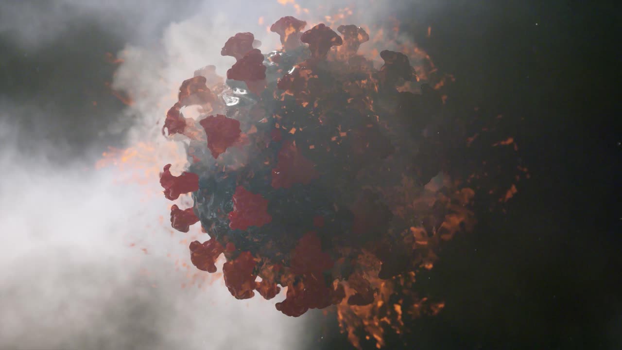 animación 3d realista del virus en el fuego. la vacuna mata el virus. destrucción del virus