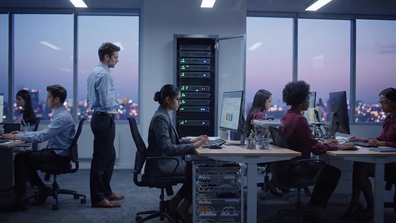 Professional Office Environment with Employees Engaged in Work Using Computers and Calculators, Highlighting Collaboration and Productivity in a Modern Workspace
