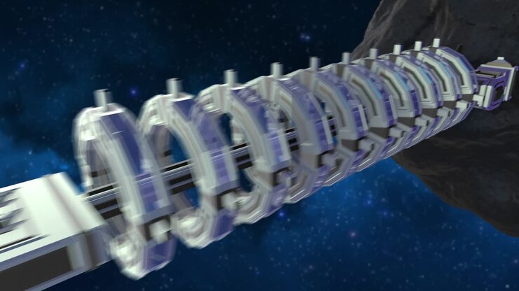 Space mining-cargo carries an asteroid - zoom