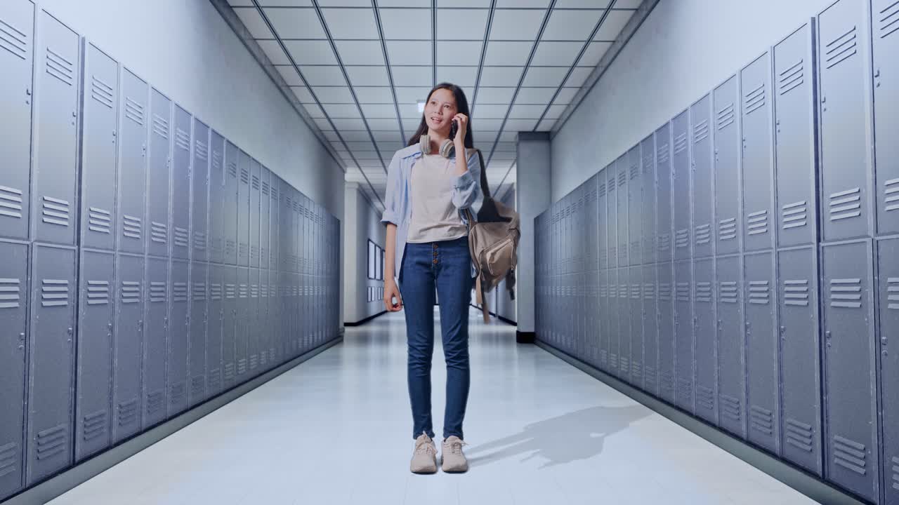 una adolescente hablando por teléfono en el pasillo de la escuela
