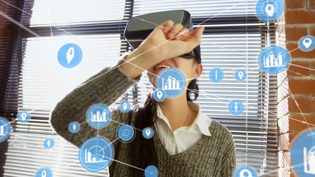 vr 헬 ⁇ 을 사용하는 여성에 대한 커 ⁇ 터 이동 및 디지털 데이터