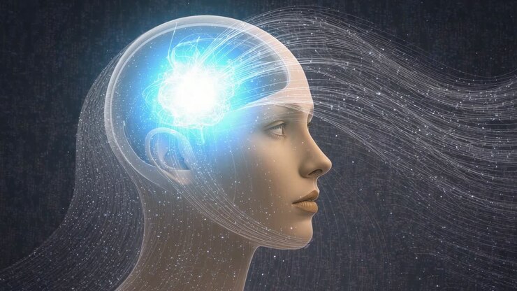 Pulsating glow in 3D head starting neural activation in digital void with data streams flowing