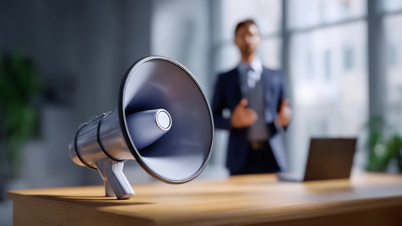 A Businessman Speaking with Enthusiasm and a Megaphone on a Desk Captured in Two Frames, Highlighting Effective Communication and Leadership Skills