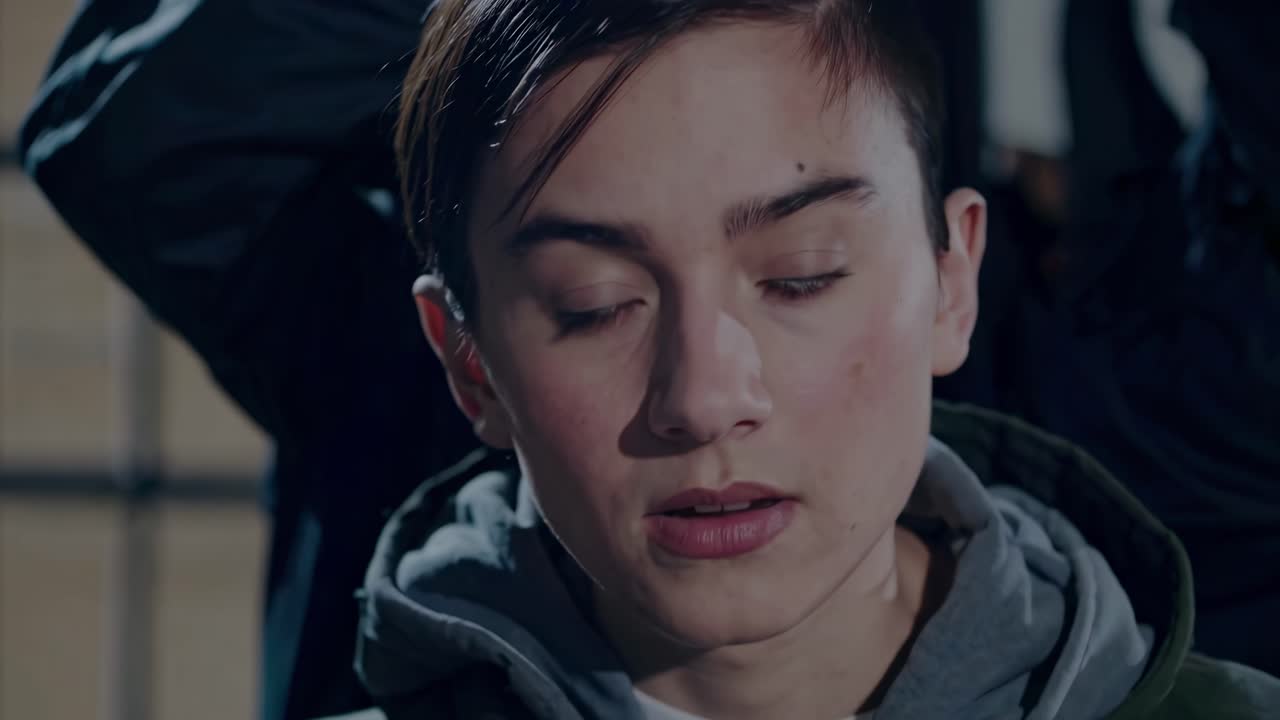 Close-up, low-angle shot of a pensive young man in soft lighting, capturing an introspective mood