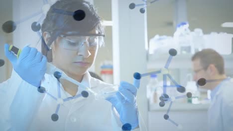 Molecule-structure-moving-against-female-scientist-working-in-laboratory