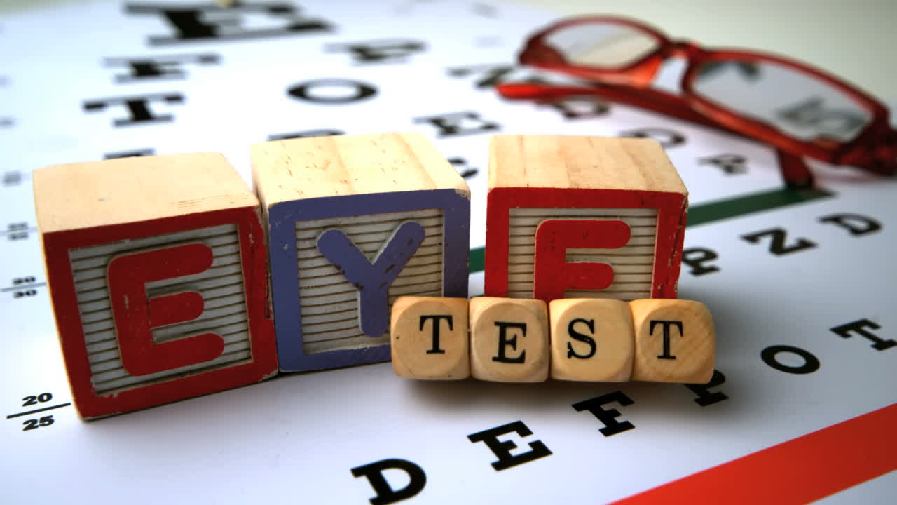 Blocks and dice spelling eye test falling onto eye test