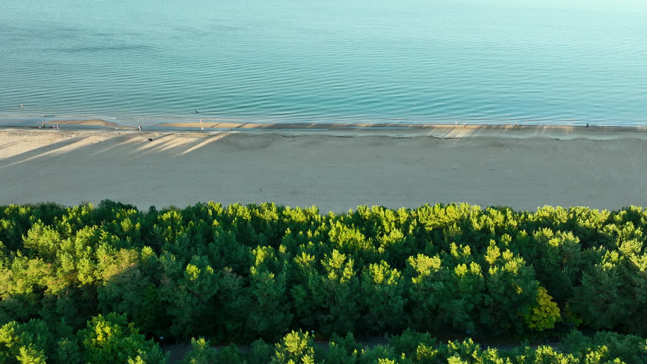 Aerial shot of a quiet beach with gentle waves and a forested coastline, during sunset