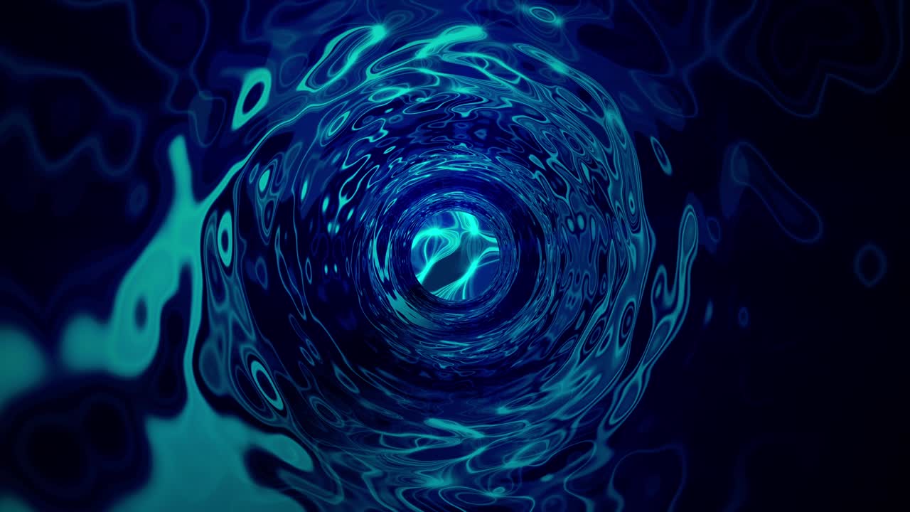 Abstract background blue water whirl flowing. Beautiful glowing light blue metal fluid reflection 3d render animation with center flare light ray.  Modern abstract fluid Vortex energy flows background