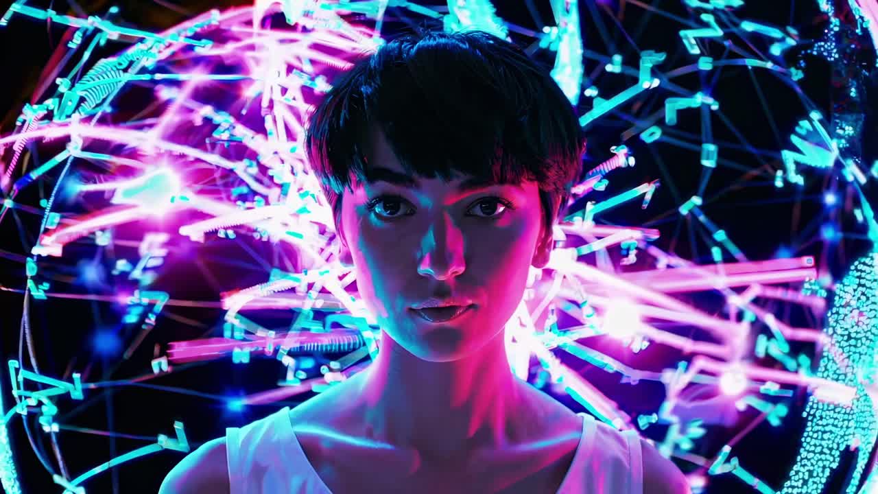A futuristic video concept with a low-angle shot of a person surrounded by neon digital graphics