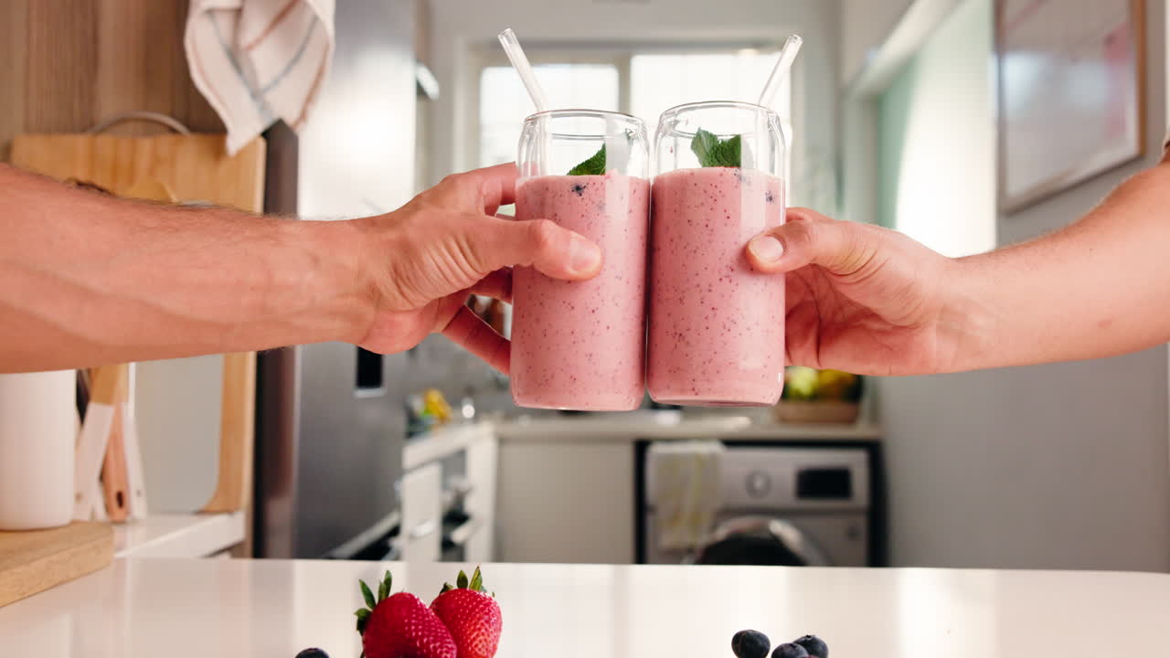 Personas brindando con batidos de frutos rojos saludables en una cocina moderna