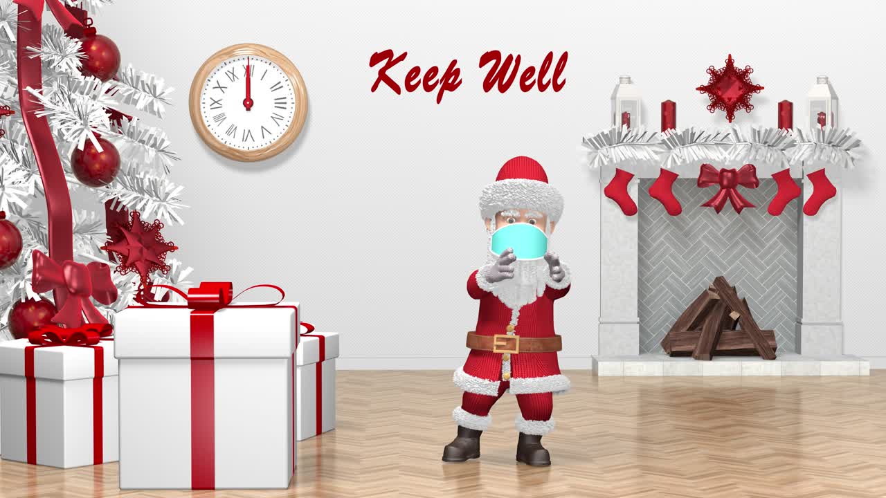 산타클로스가 수술 마스크를 쓰고 춤을 추고 크리스마스 축하와 새해 축하 2021 애니메이션 코로나바이러스 코비드-19 보호 크리스마스 애니메이션