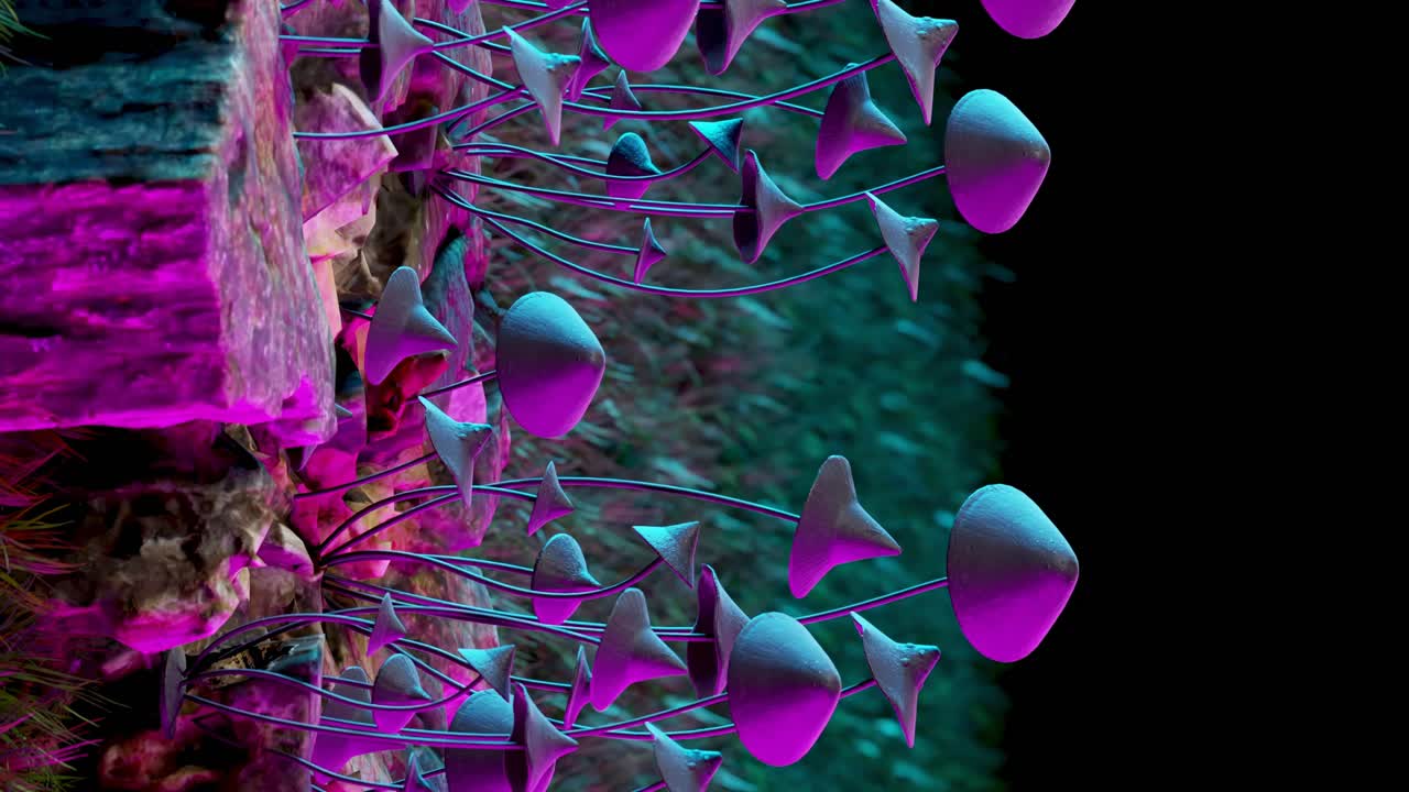 hongos psicodélicos en primer plano animación 3d en tensión, vertical