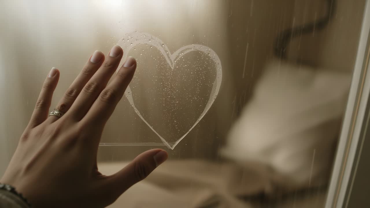 Responding to fogged glass, woman bringing left-hand tracing heart at bedroom, ringed cuff