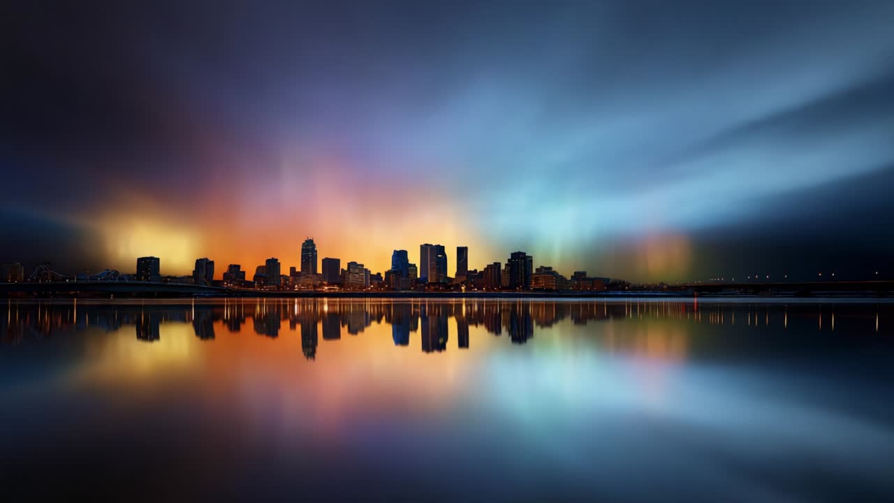 A Stunning Display of Urban Lights Reflecting on Water: This Beautiful Skyline Features Vibrant Aurora Colors with Striking Hues of Purple, Blue, Green, and Gold, Creating a Magical Atmosphere in a Nocturnal Cityscape