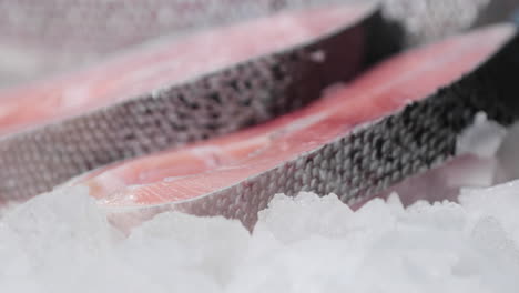 steaks of raw salmon on bed of crushed ice