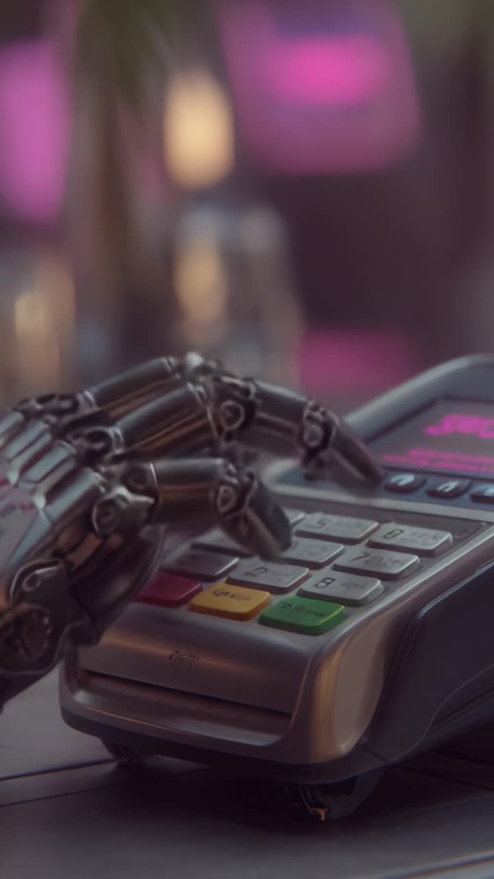 A Futuristic Interaction: A Robotic Hand Engaged with a Payment Terminal in a Modern Setting