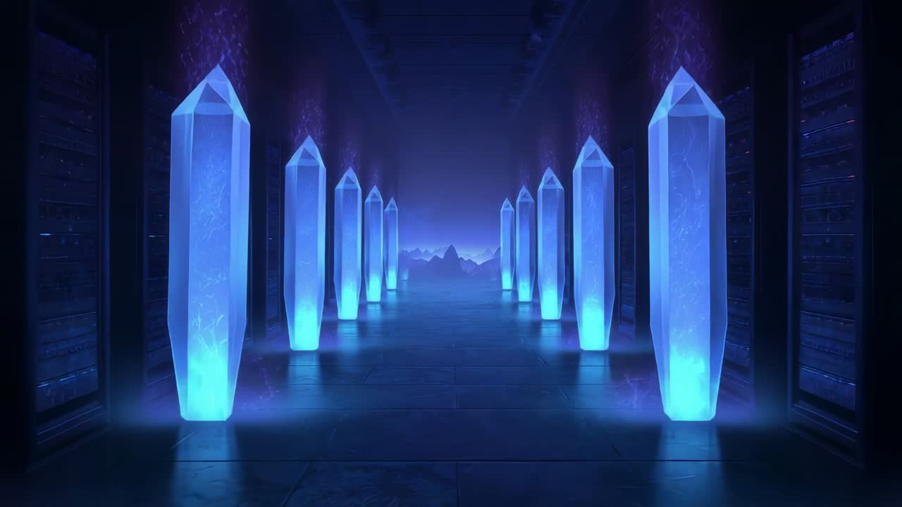 Camera gliding along misty corridor, exploring pulses moving through glowing blue crystal obelisks