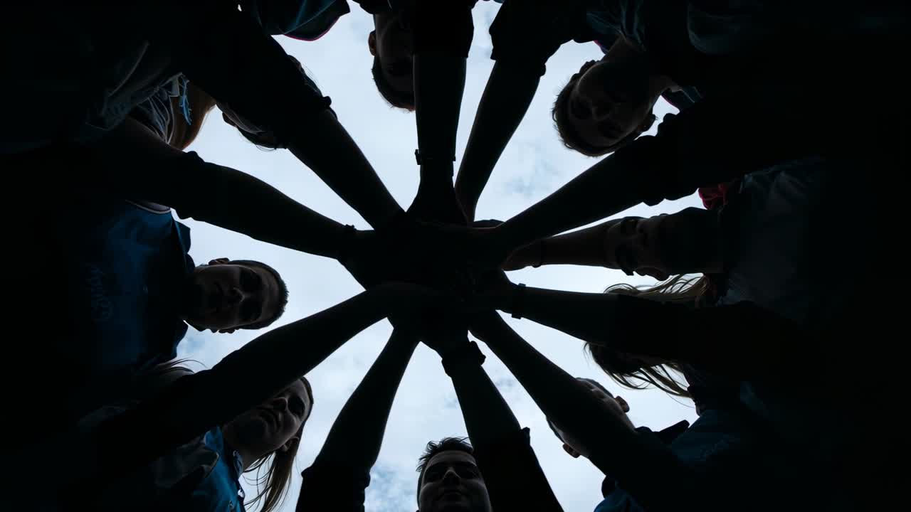 Gathering group of friends stacking hands together over camera outdoors, with watches to show unity