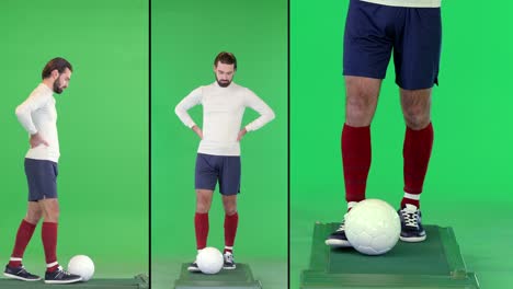 jugador de fútbol caminando lentamente y pateando una pelota en una pantalla verde, clave de croma