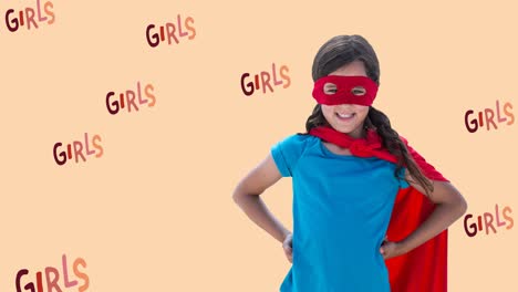 animation of girl in superhero costume over multiple girl power text on pink