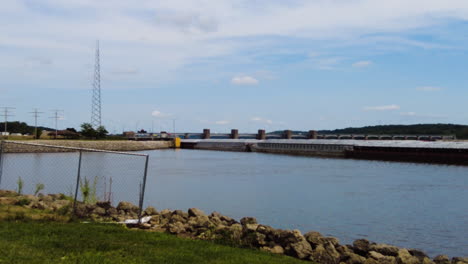 Wide-angle-view-of-barge-slowly-moving-into-Lock-No