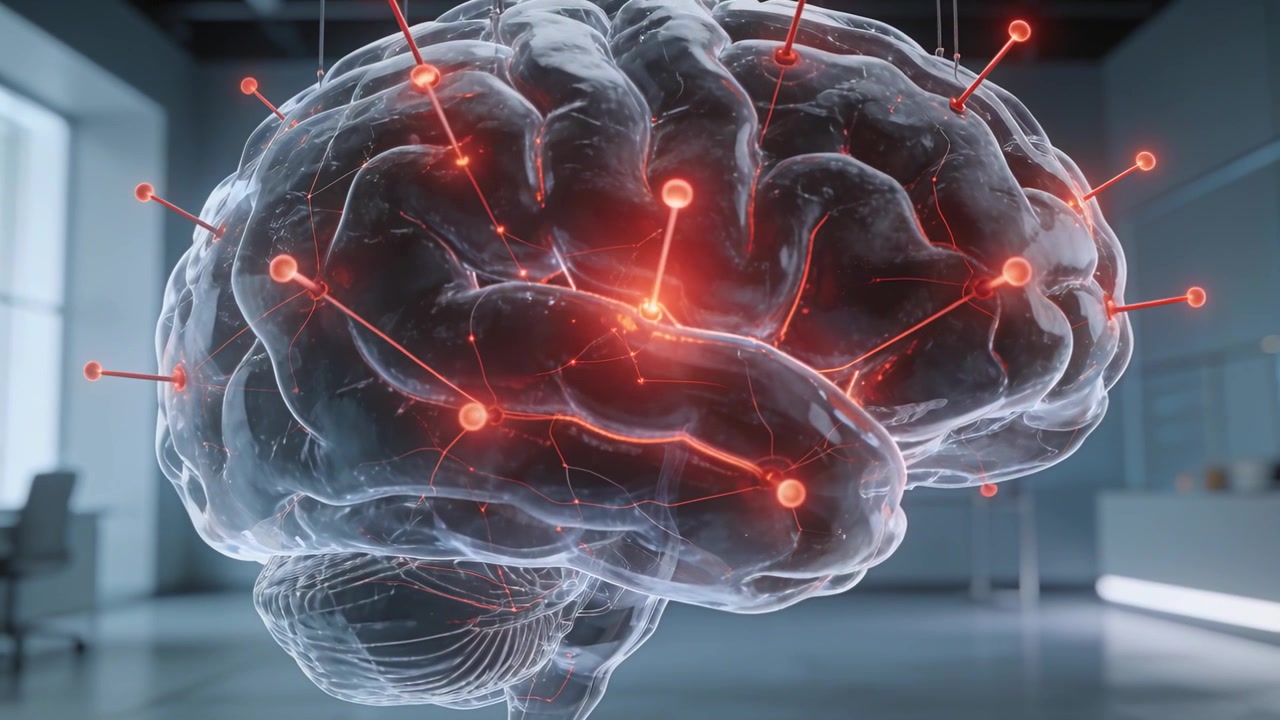 Lighting hologram brain model after initial pulse, spreading activation to red nodes for lab demo