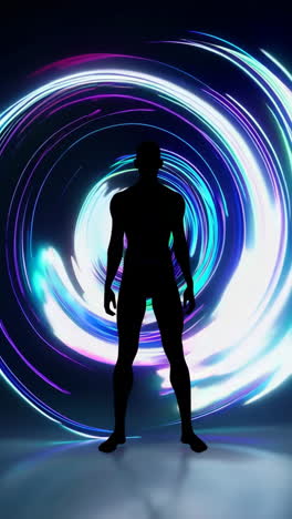 silhouette of a man with glowing neon spiral background