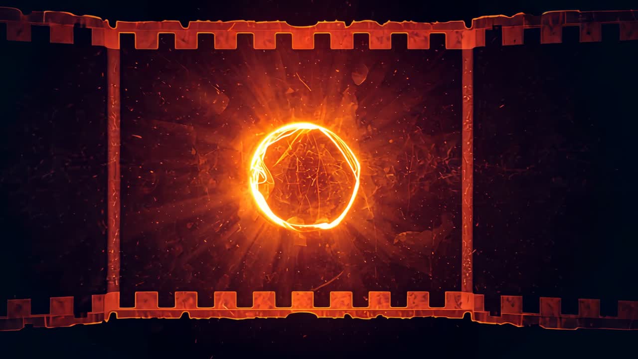 Igniting filament transforming into fiery ring within notched metal frame with drifting sparks