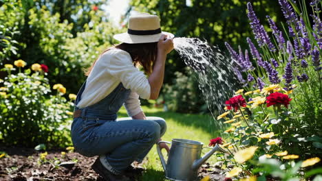 Woman Watering Flowers in a Garden