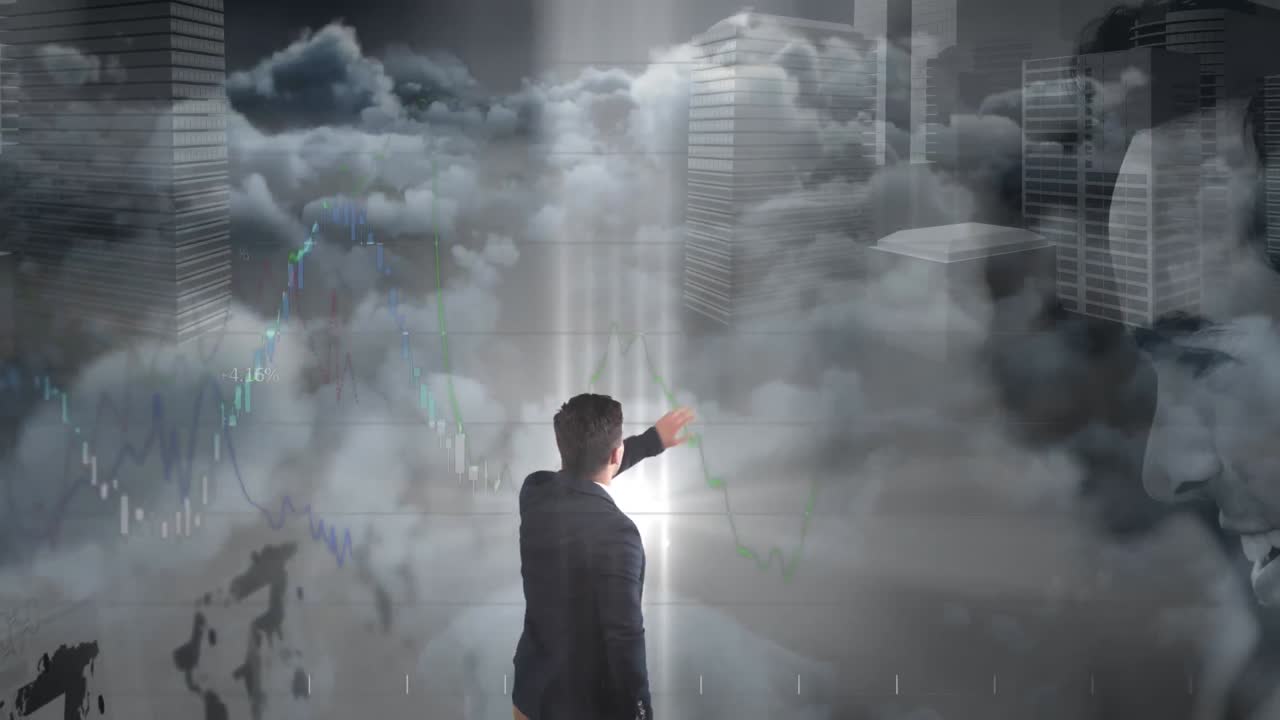 데이터 처리와 함께 인터랙티브 스크린을 만지는 사업가의 애니메이션